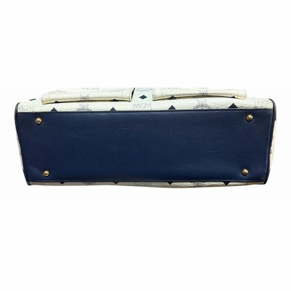 MCM Visetos Double Pocket Satchel Handbag Navy and White with Gold Hardware